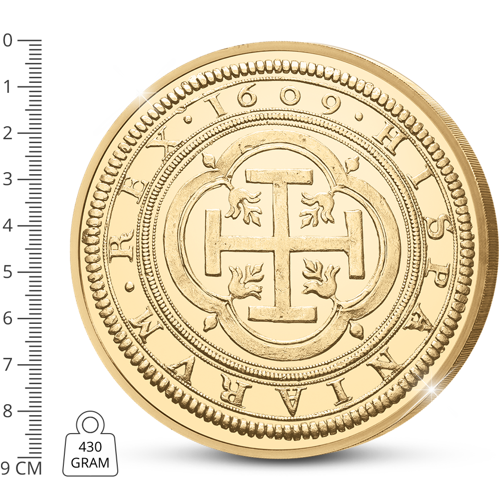 Die vergoldete Nachprägung der derzeit teuersten Münze Europas: 100-Escudos-Münze aus Spanien von 1609