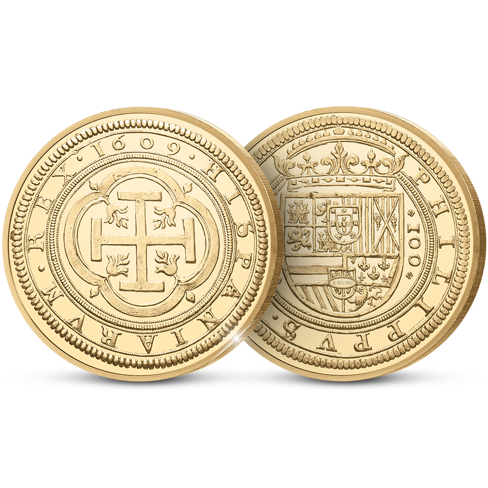 Die vergoldete Nachprägung der derzeit teuersten Münze Europas: 100-Escudos-Münze aus Spanien von 1609