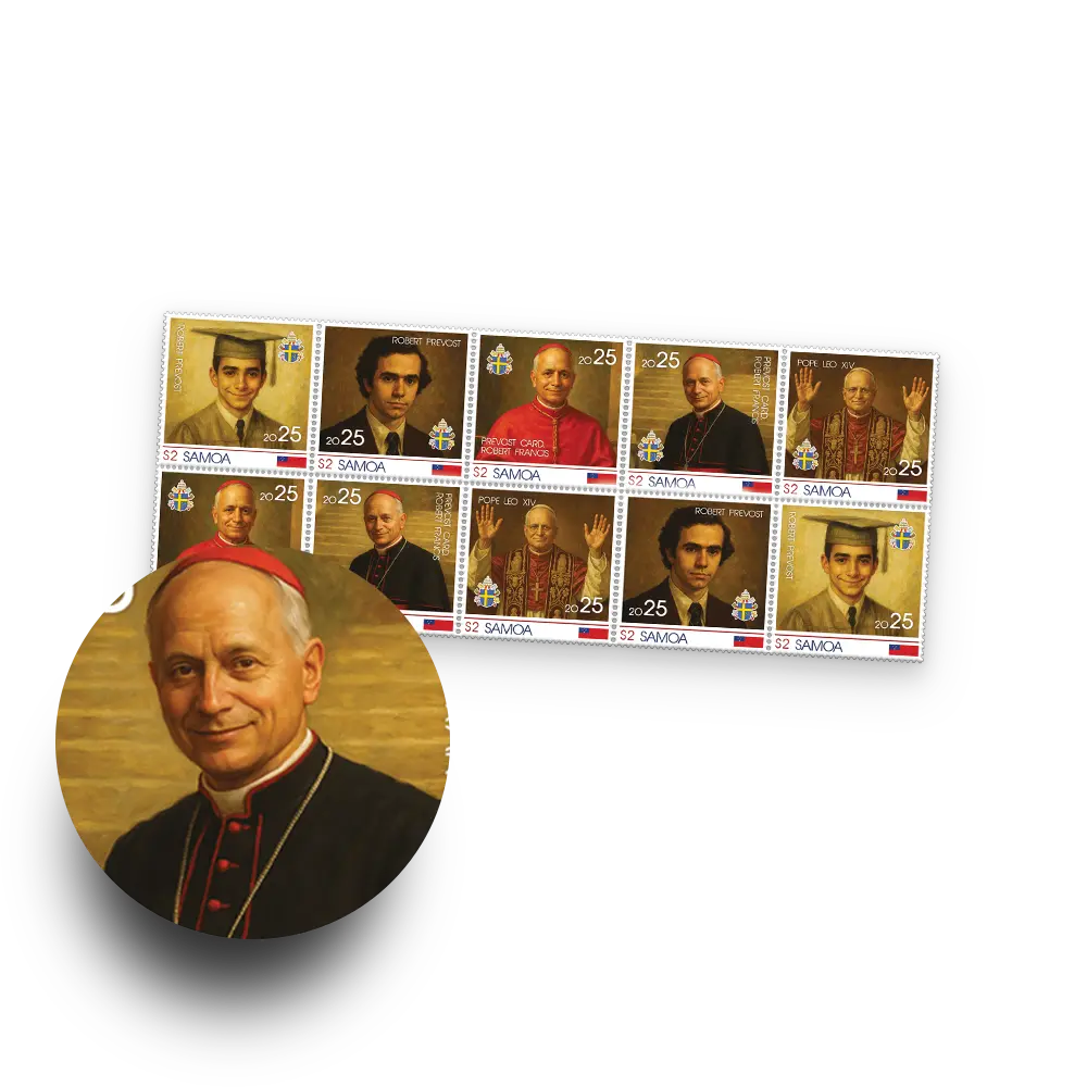 Den Gedenkbriefmarkenbögen „Papst LEO XIV“