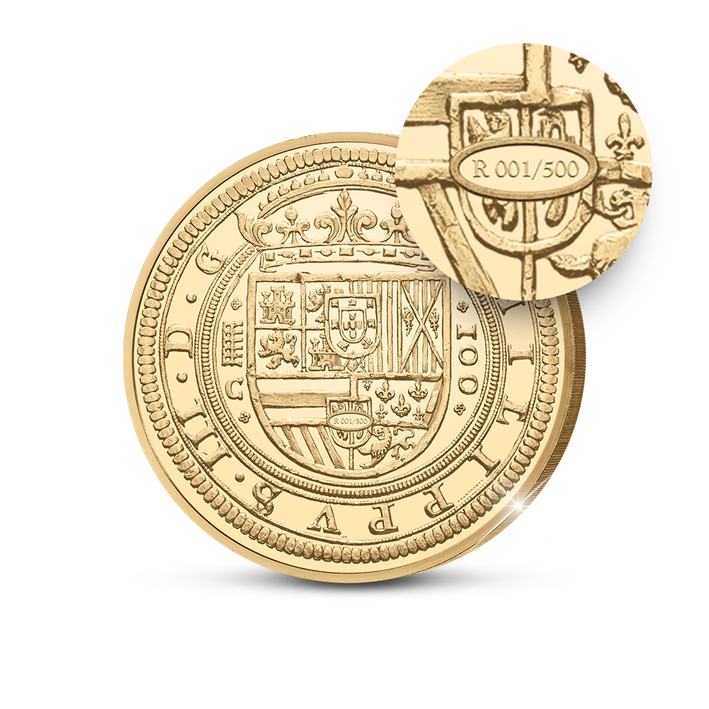 Die vergoldete Nachprägung der derzeit teuersten Münze Europas: 100-Escudos-Münze aus Spanien von 1609