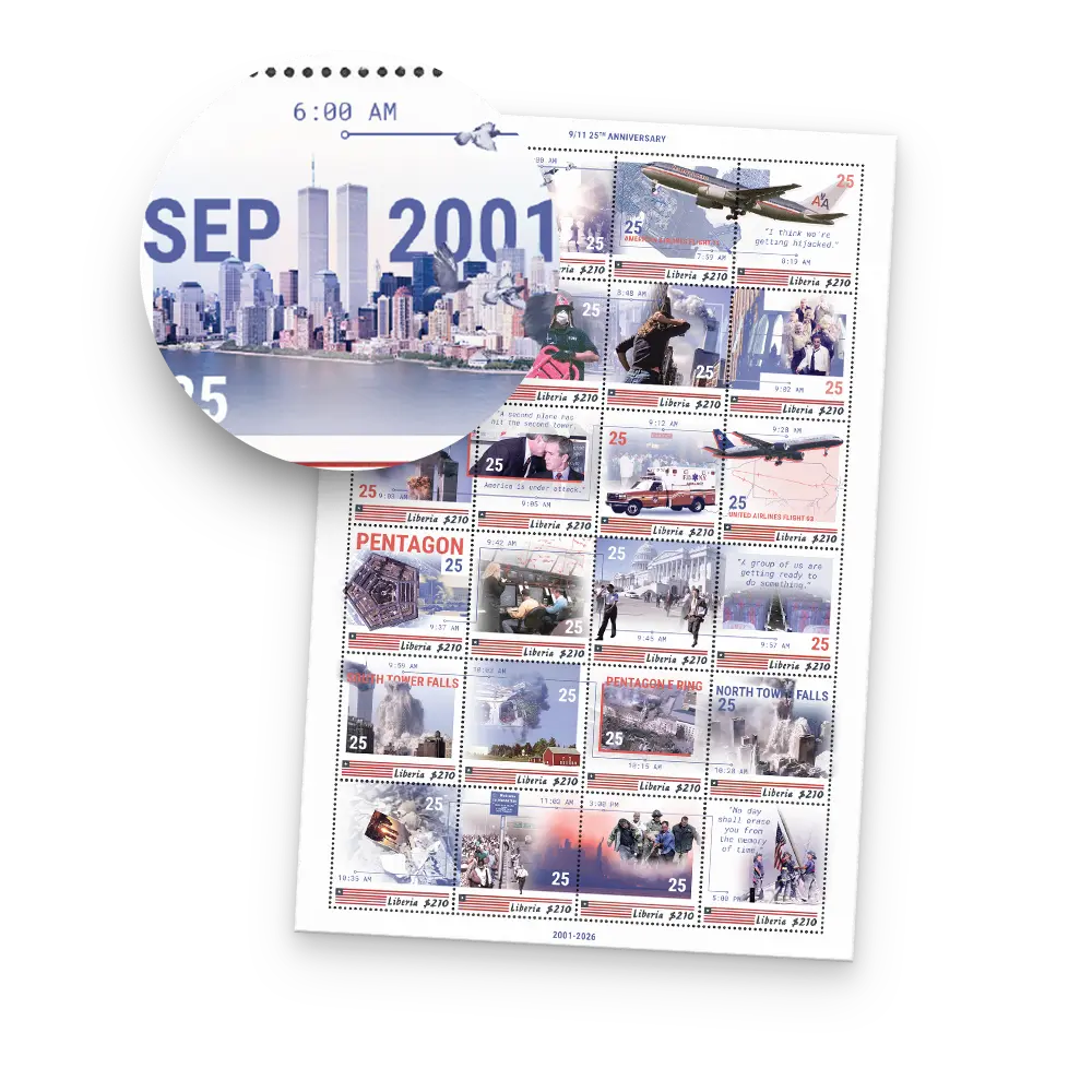 Der erste Ausgabetag des Briefmarkenbogens „USA 9/11 25th Anniversary“