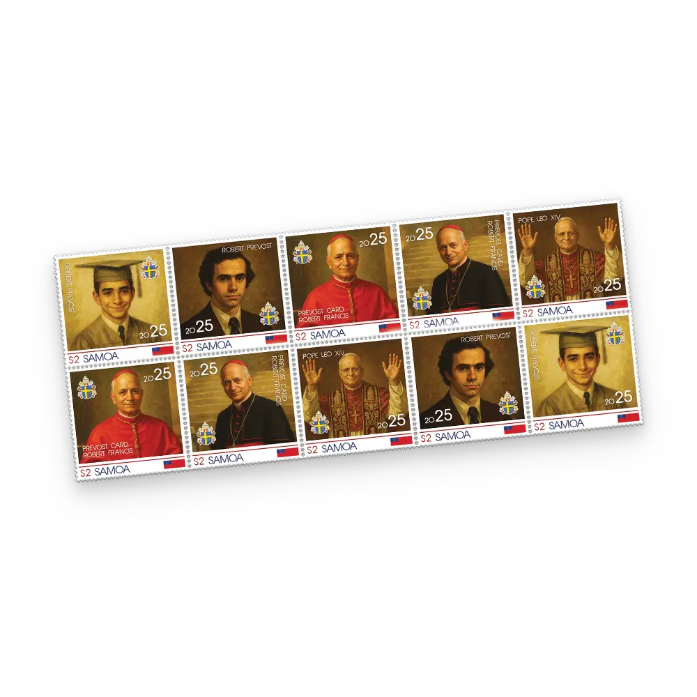 Den Gedenkbriefmarkenbögen „Papst LEO XIV“