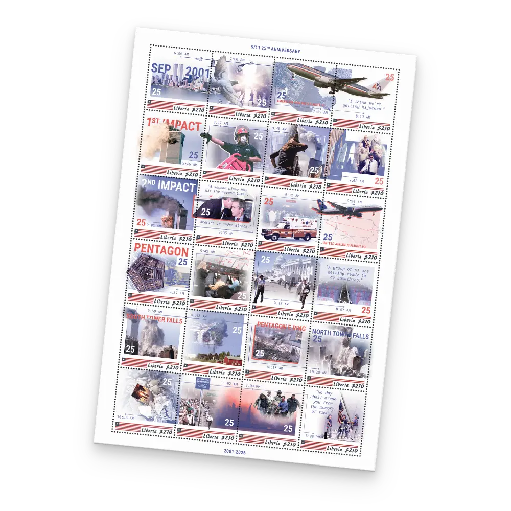 Der erste Ausgabetag des Briefmarkenbogens „USA 9/11 25th Anniversary“