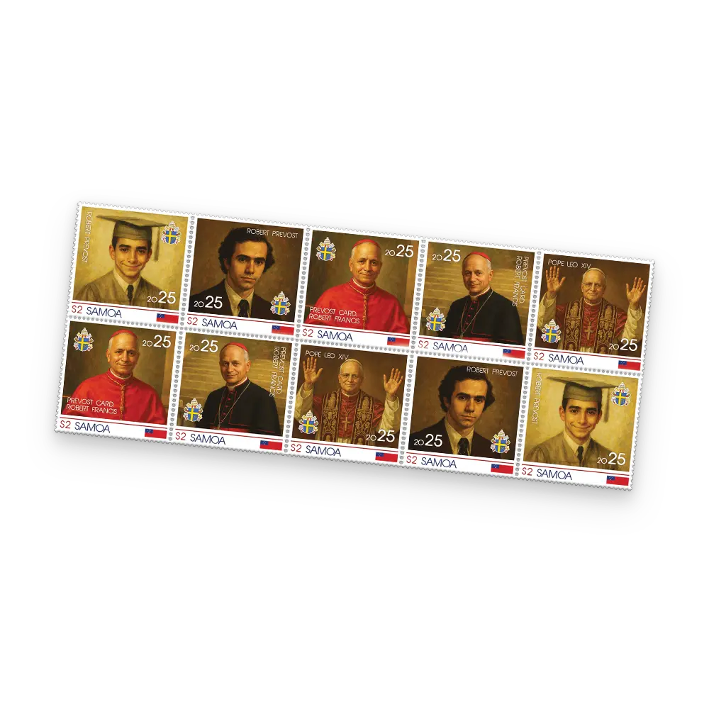 Den Gedenkbriefmarkenbögen „Papst LEO XIV“