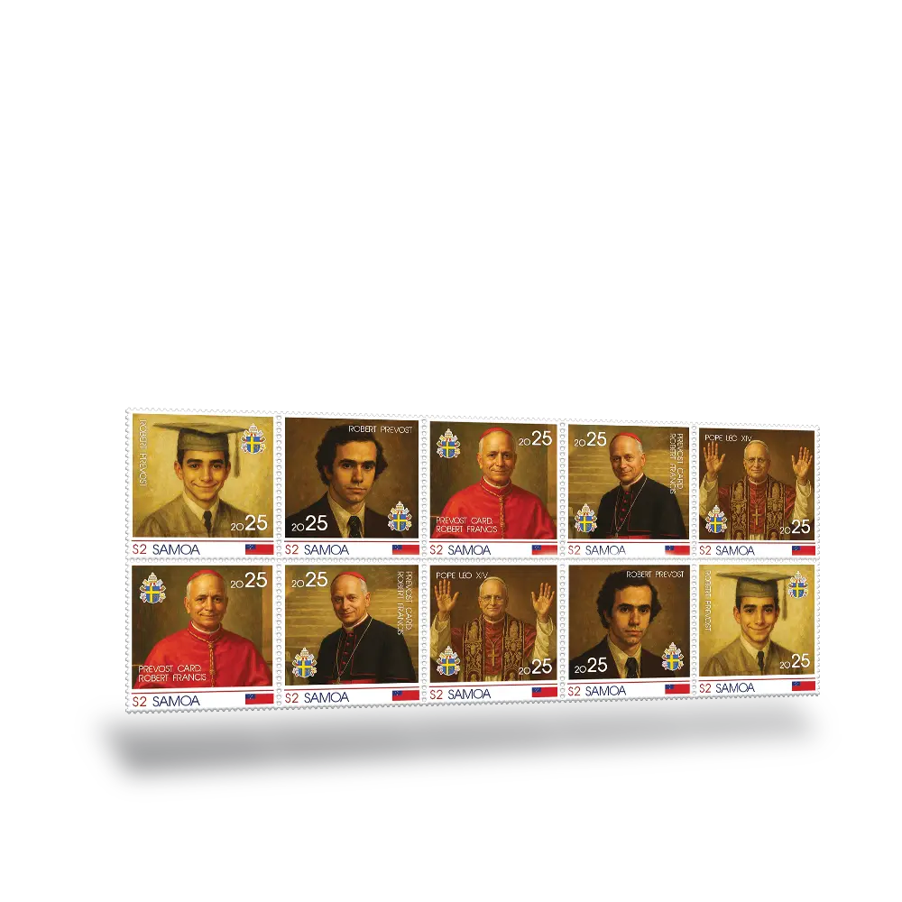 Den Gedenkbriefmarkenbögen „Papst LEO XIV“