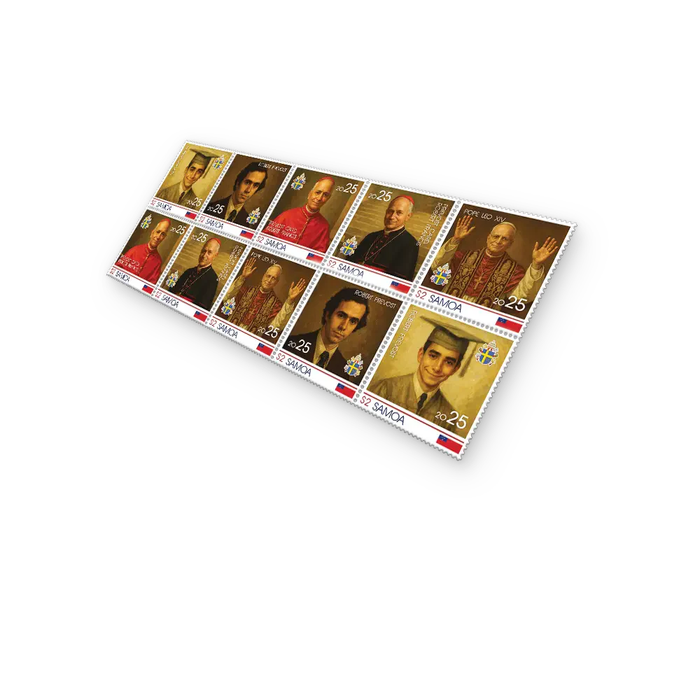 Den Gedenkbriefmarkenbögen „Papst LEO XIV“