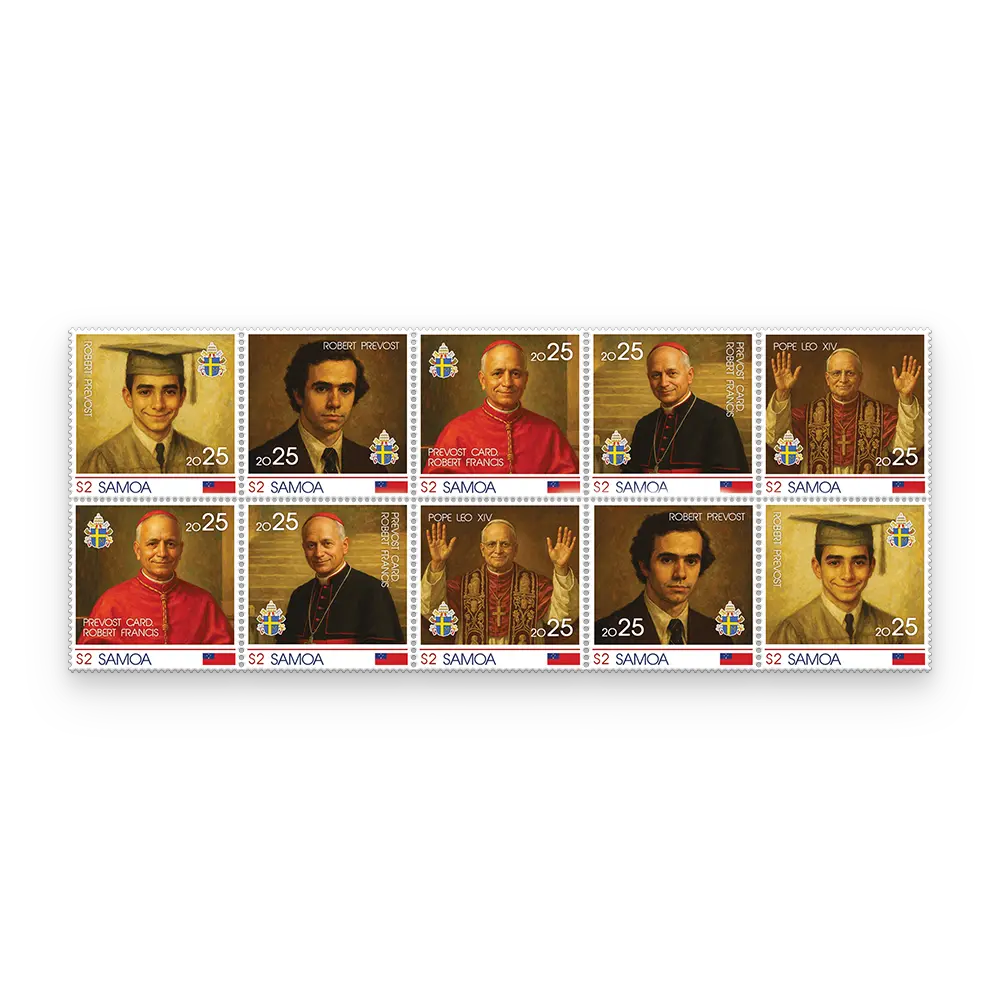 Den Gedenkbriefmarkenbögen „Papst LEO XIV“