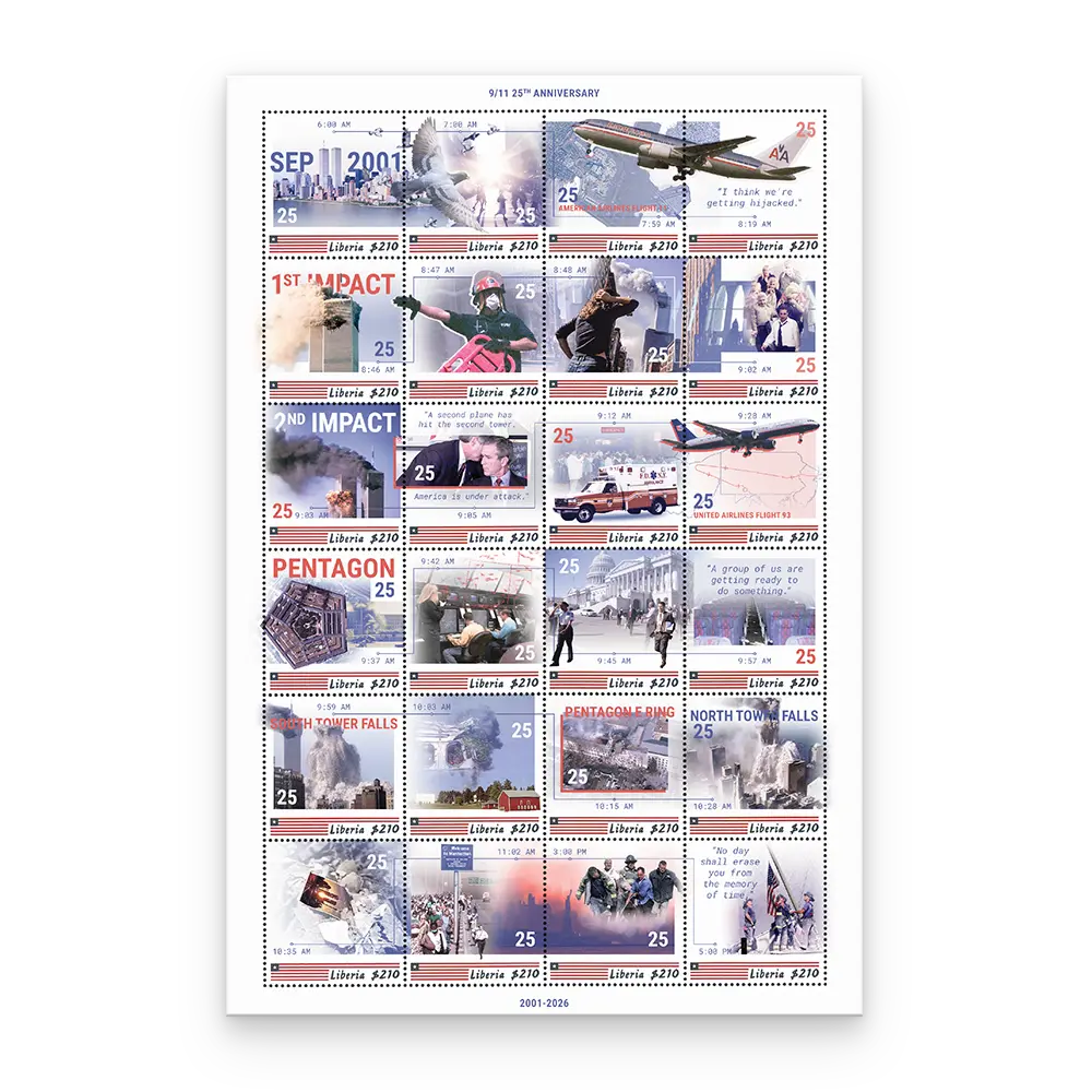 Der erste Ausgabetag des Briefmarkenbogens „USA 9/11 25th Anniversary“