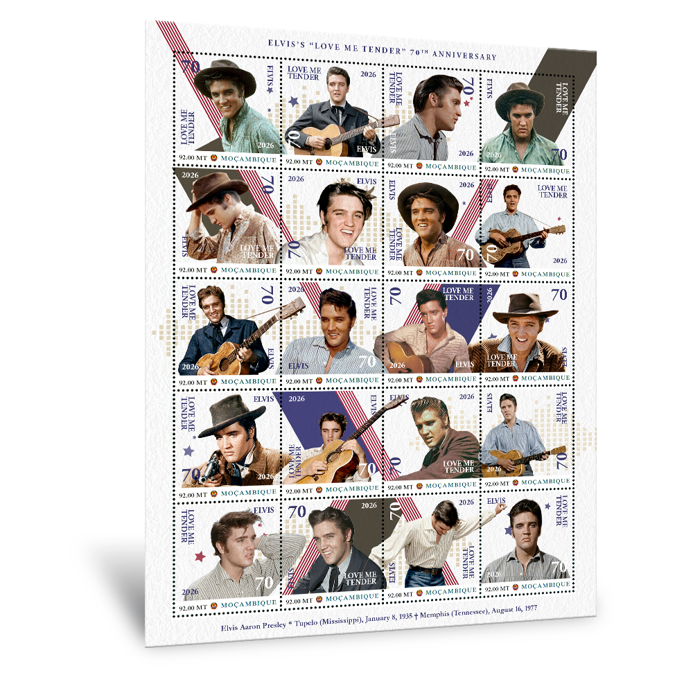 Den Briefmarkenbogen "Elvis Love Me Tender 70th Anniversary 1956-2026"