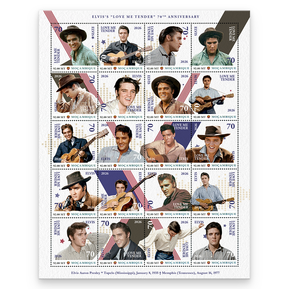 Den Briefmarkenbogen "Elvis Love Me Tender 70th Anniversary 1956-2026"