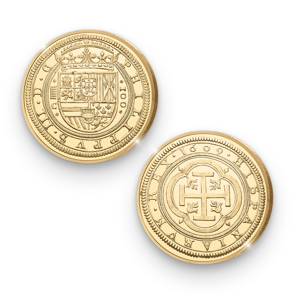 Die vergoldete Nachprägung der derzeit teuersten Münze Europas: 100-Escudos-Münze aus Spanien von 1609