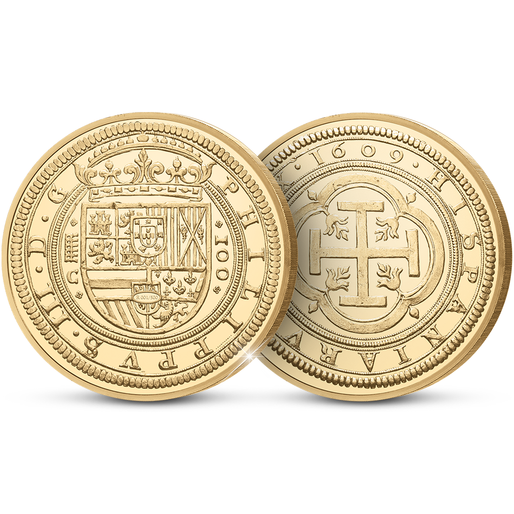 Die vergoldete Nachprägung der derzeit teuersten Münze Europas: 100-Escudos-Münze aus Spanien von 1609