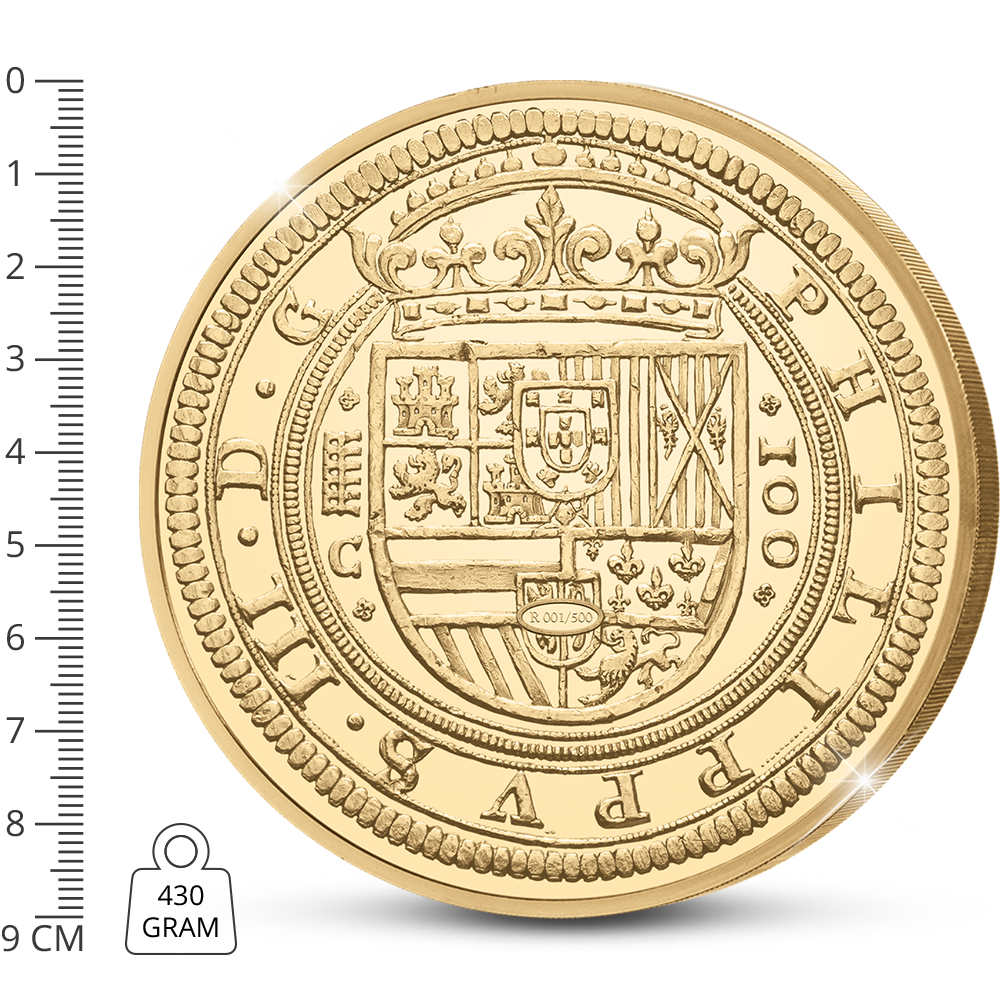 Die vergoldete Nachprägung der derzeit teuersten Münze Europas: 100-Escudos-Münze aus Spanien von 1609