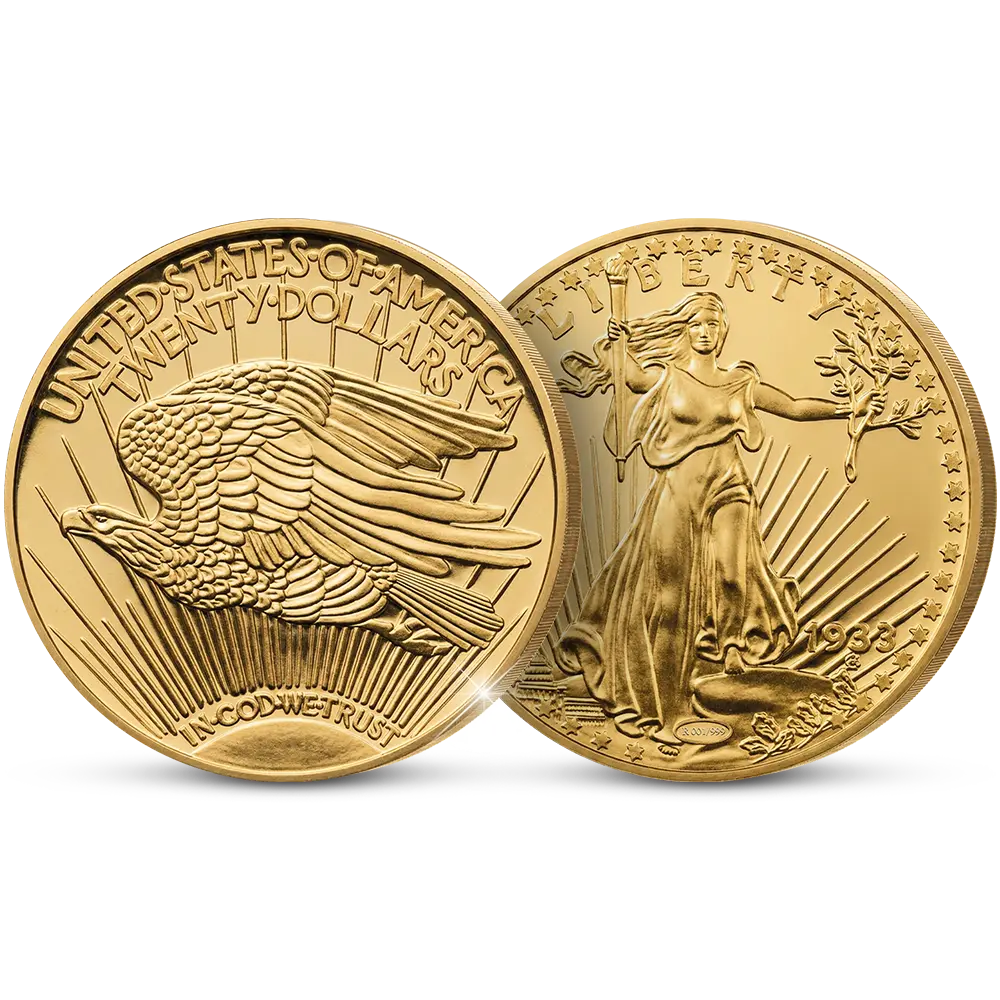 Die naturgetreue „Giant“-Nachprägung der kostbarsten Münze der Welt: „The USA 20 Gold-Dollar Double Eagle 1933 Coin“