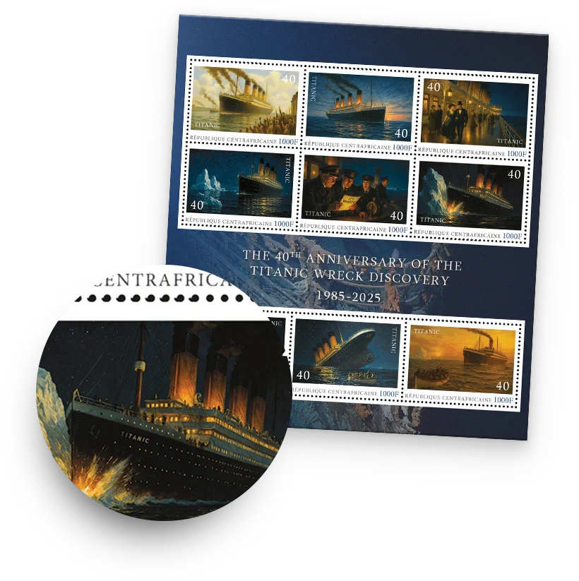 Den Briefmarkenbogen „The 40th Anniversary of the Titanic Wreck Discovery 1985–2025“