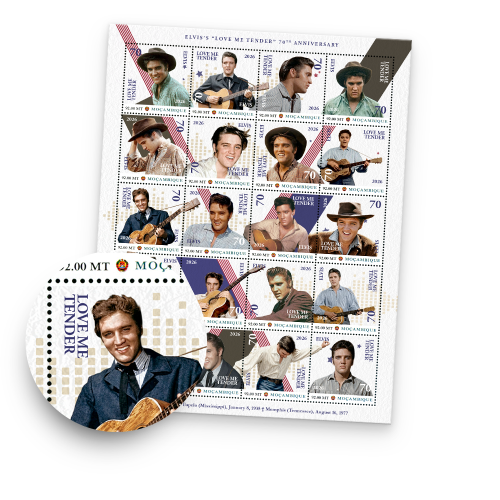 Den Briefmarkenbogen "Elvis Love Me Tender 70th Anniversary 1956-2026"