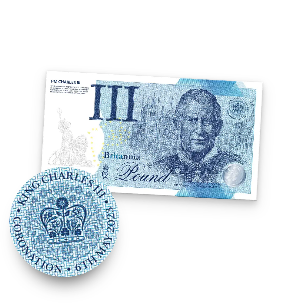 Die originale „Britannia Pound“-Banknote von König Charles III. von England