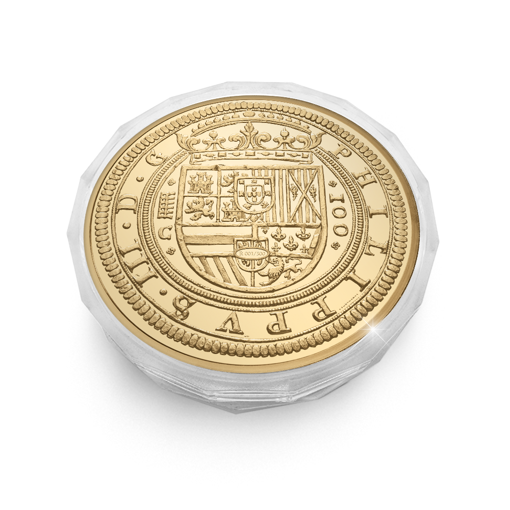 Die vergoldete Nachprägung der derzeit teuersten Münze Europas: 100-Escudos-Münze aus Spanien von 1609