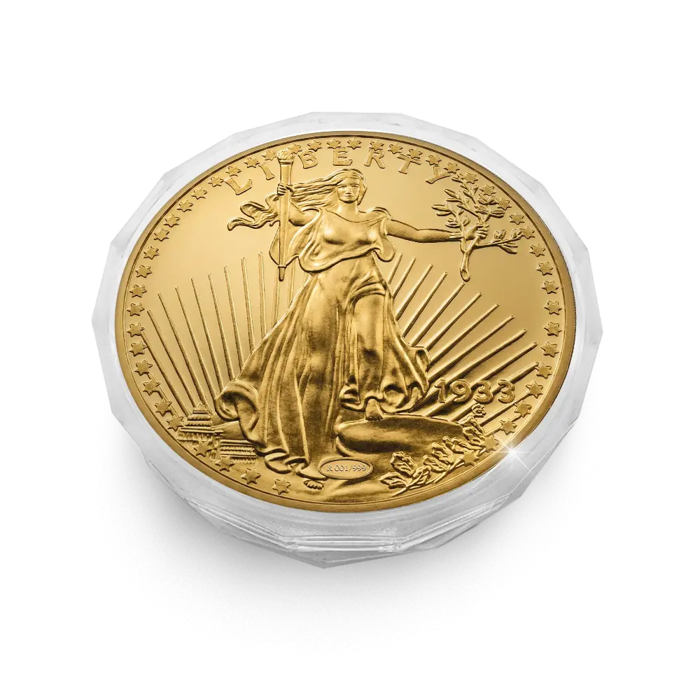 Die naturgetreue „Giant“-Nachprägung der kostbarsten Münze der Welt: „The USA 20 Gold-Dollar Double Eagle 1933 Coin“