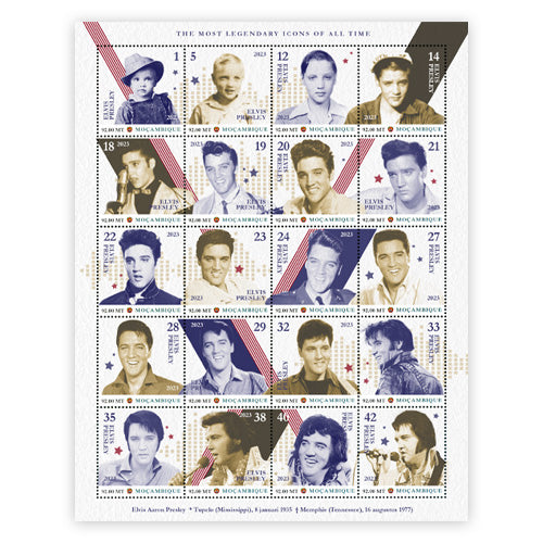 Der offizielle "Elvis Presley Lifetime" Briefmarkenbogen mit 20! Elvis Briefmarken