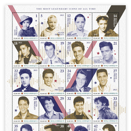 Der offizielle "Elvis Presley Lifetime" Briefmarkenbogen mit 20! Elvis Briefmarken