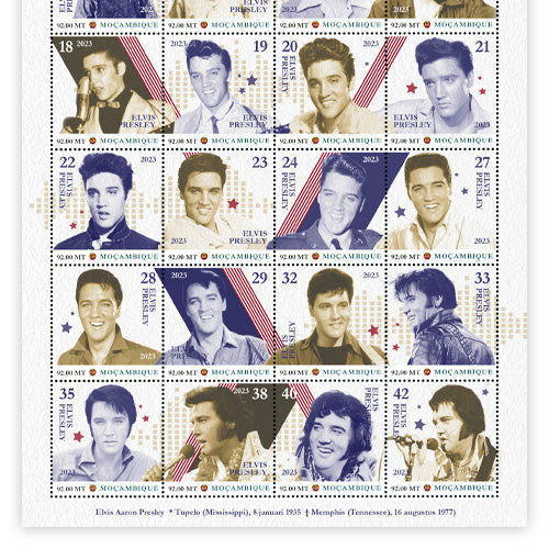 Der offizielle "Elvis Presley Lifetime" Briefmarkenbogen mit 20! Elvis Briefmarken