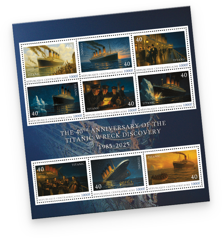 Den Briefmarkenbogen „The 40th Anniversary of the Titanic Wreck Discovery 1985–2025“