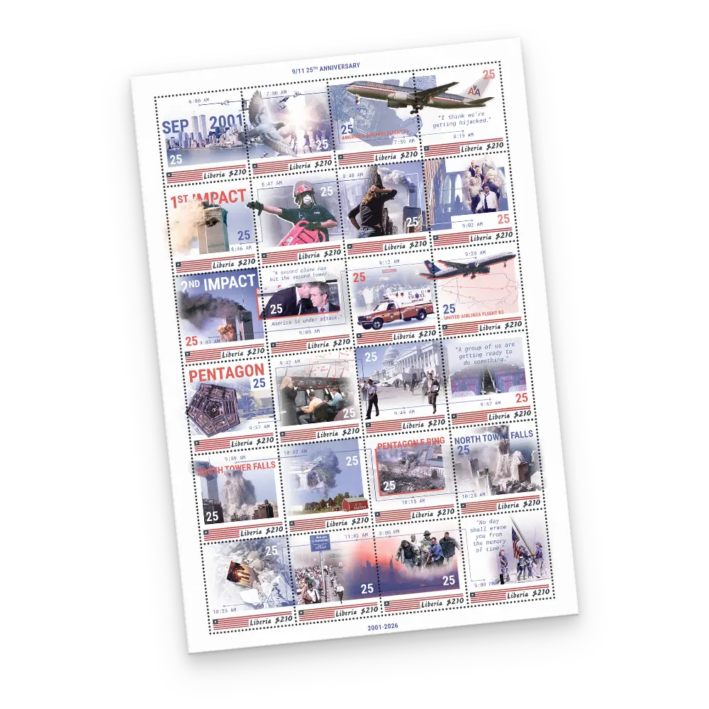 Der erste Ausgabetag des Briefmarkenbogens „USA 9/11 25th Anniversary“