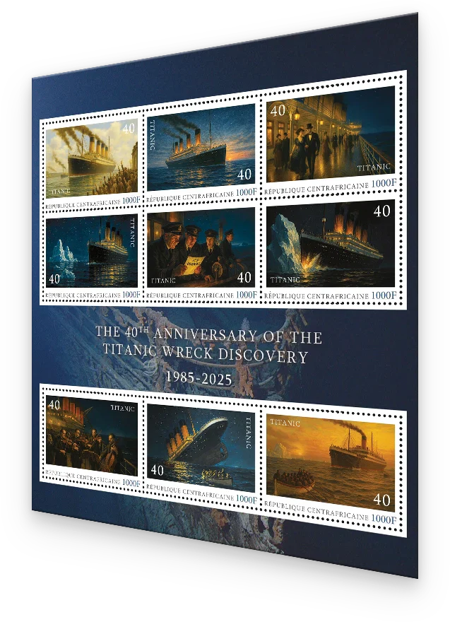 Den Briefmarkenbogen „The 40th Anniversary of the Titanic Wreck Discovery 1985–2025“