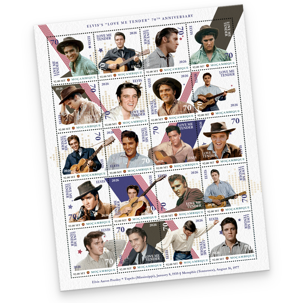 Den Briefmarkenbogen "Elvis Love Me Tender 70th Anniversary 1956-2026"