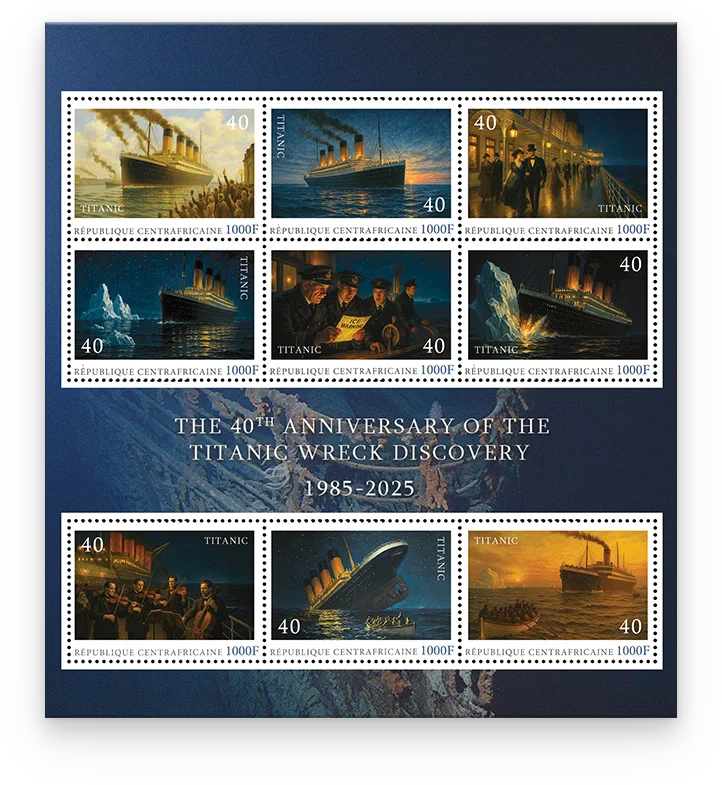 Den Briefmarkenbogen „The 40th Anniversary of the Titanic Wreck Discovery 1985–2025“