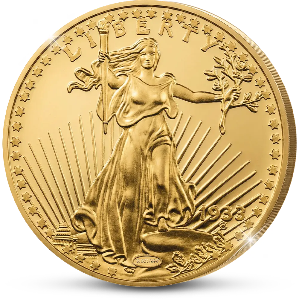 Die naturgetreue „Giant“-Nachprägung der kostbarsten Münze der Welt: „The USA 20 Gold-Dollar Double Eagle 1933 Coin“