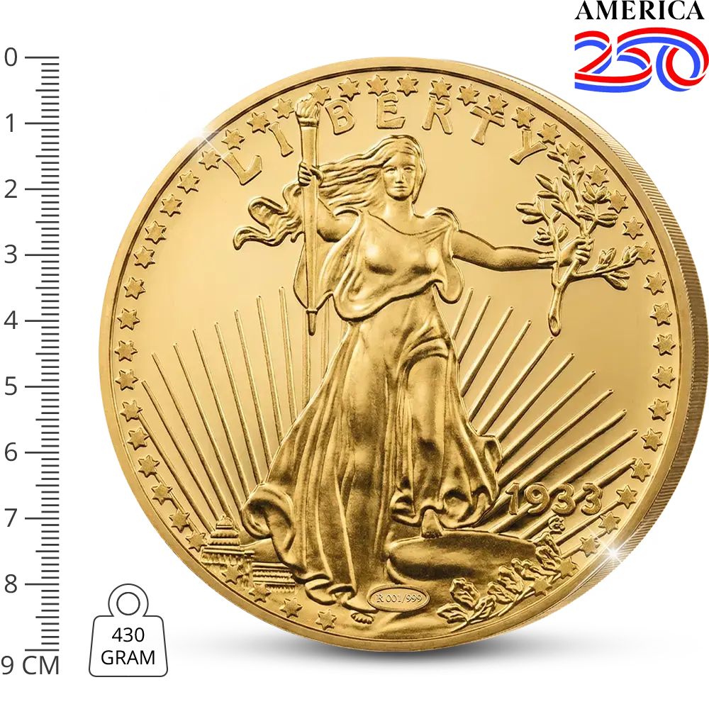 Die naturgetreue „Giant“-Nachprägung der kostbarsten Münze der Welt: „The USA 20 Gold-Dollar Double Eagle 1933 Coin“