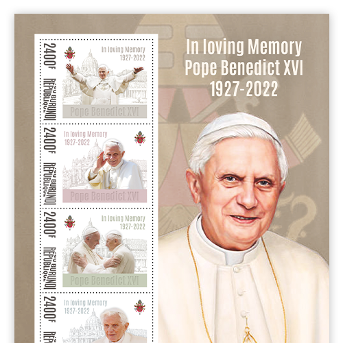 Der offizielle Briefmarkenbogen „In liebevoller Erinnerung Emeritierter Papst Benedikt XVI. 1927-2022“