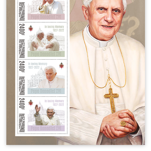 Der offizielle Briefmarkenbogen „In liebevoller Erinnerung Emeritierter Papst Benedikt XVI. 1927-2022“