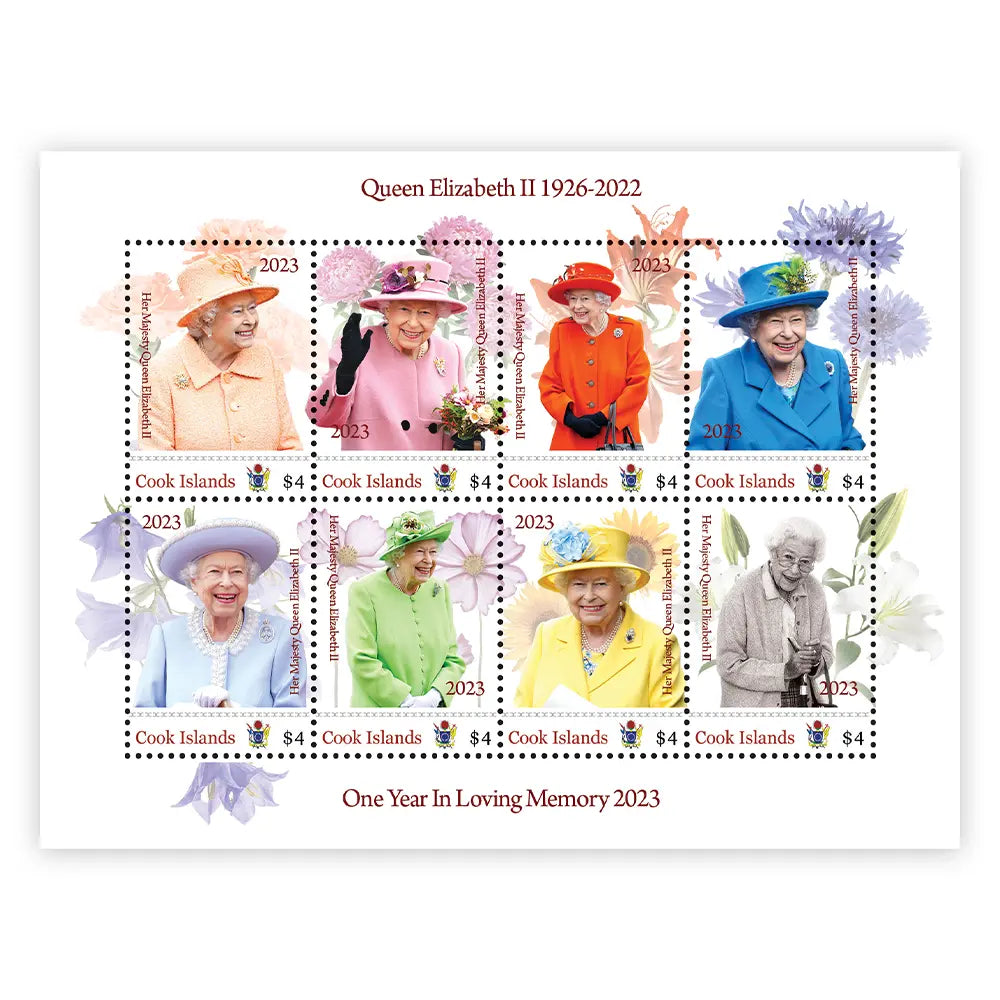 Das offizielle Briefmarkenbogen "Her Majesty Queen Elizabeth II 1926-2022 One Year In Loving Memory 2023"