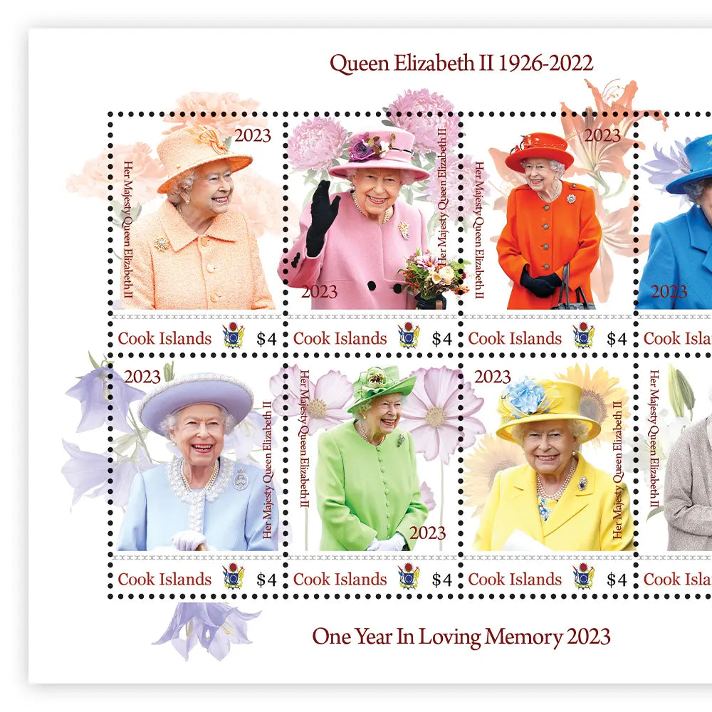 Das offizielle Briefmarkenbogen "Her Majesty Queen Elizabeth II 1926-2022 One Year In Loving Memory 2023"