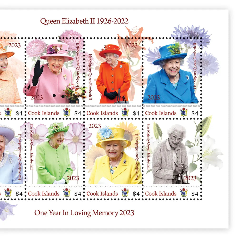 Das offizielle Briefmarkenbogen "Her Majesty Queen Elizabeth II 1926-2022 One Year In Loving Memory 2023"