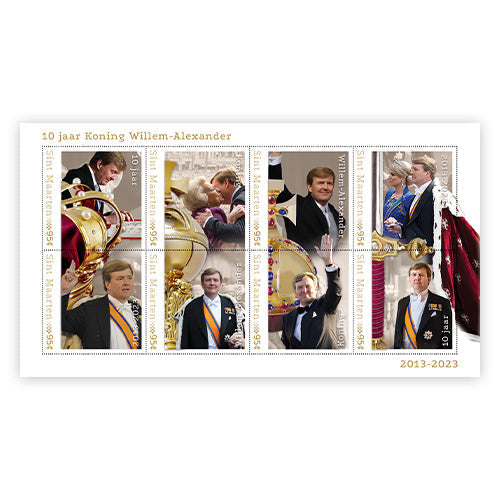 Der offizielle Briefmarkensatz „10 Jahre holländisches Königspaar: König Willem-Alexander & Königin Máxima“ 2013-2023