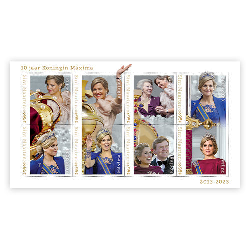 Der offizielle Briefmarkensatz „10 Jahre holländisches Königspaar: König Willem-Alexander & Königin Máxima“ 2013-2023