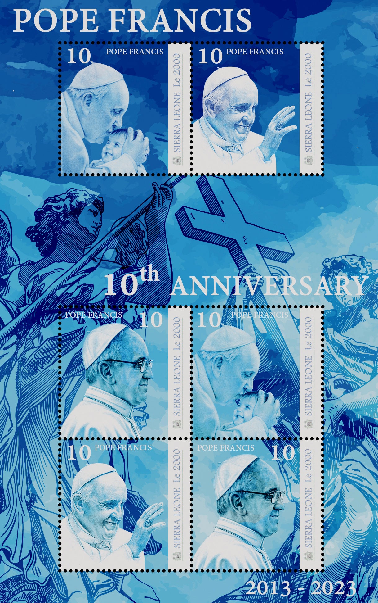 Der offizielle Briefmarkenbogen „10 Jahre Papst Franziskus. 2013-2023“