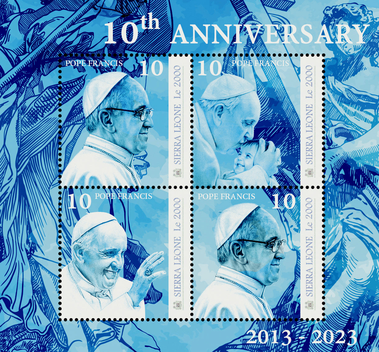 Der offizielle Briefmarkenbogen „10 Jahre Papst Franziskus. 2013-2023“